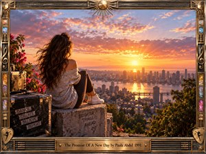 A woman sits on a stone overlook above a glowing city at sunrise, contemplating a hopeful horizon. Warm gold, coral, and violet light fills the cinematic scene, framed by flowers, foliage, and a weathered travel trunk. An ornate metallic frame with musical motifs and jewel-like accents reinforces renewal and optimism.