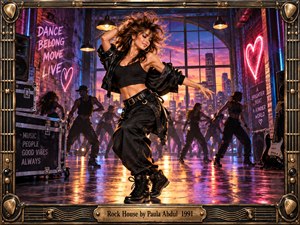 A dynamic dancer commands a neon-lit industrial studio as silhouetted performers move behind her against a glowing sunset skyline. Vivid pink, blue, gold, and violet reflections energize the polished floor. Graffiti, speakers, stage equipment, and an ornate metallic musical frame create a celebratory, rebellious retro dance atmosphere.