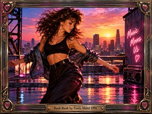 A graceful dancer moves across a rain-slick rooftop at sunset, framed by a glowing city skyline and neon accents. Windblown hair and flowing clothing suggest romantic momentum and longing. Warm gold, pink, and violet light reflects across the pavement, while an ornate musical frame adds nostalgic early-1990s glamour.