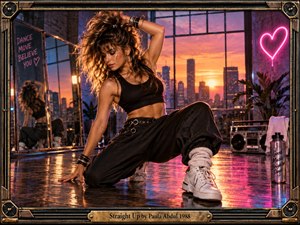 A dynamic dancer poses low across a glossy studio floor, surrounded by mirrors, city windows, and vivid sunset light. Warm orange, magenta, and electric blue reflections create an energetic romantic mood. Neon hearts, a boombox, plants, and metallic framing reinforce the polished late-1980s dance-pop aesthetic.