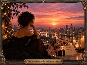 A contemplative woman in a flowing black dress overlooks a glowing city at sunset from a romantic terrace. Pink roses, candles, fairy lights, and a wrapped gift create an intimate mood. Warm amber and coral light contrast with dark fabric, while an ornate gold musical frame adds nostalgic elegance.