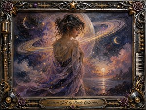 A celestial woman draped in flowing violet fabric stands before Saturns luminous rings, surrounded by stars, moons, and glowing cosmic clouds. Rich indigo, gold, lavender, and amber tones create a dreamy, introspective mood. Painterly textures, soft radiant light, and an ornate music-themed metallic frame give the scene romantic grandeur.