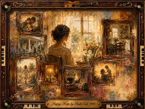 A woman sits quietly beside a sunlit window, surrounded by rosewood-framed memories of family, childhood, and comforting rooms. Warm amber, cream, rose, and muted blue tones create a tender nostalgic mood. Painterly oil, acrylic, and watercolor textures blend softly, while guitars, records, piano keys, and ornate gold details enrich the musical frame.