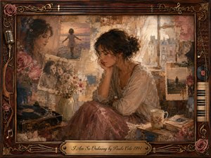 A reflective woman sits beside a softly lit window, surrounded by faded photographs, roses, handwritten notes, a record player, and keepsakes. Warm sepia, dusty rose, cream, and muted blue tones create a tender, nostalgic mood. Painterly oil, acrylic, and watercolor textures blend memories into an ornate music-themed rosewood frame.