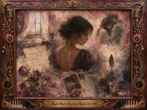 A reflective woman stands at the heart of a fading memory collage, surrounded by an embracing couple, a distant solitary figure, wilted roses, handwritten notes, and candlelit haze. Sepia, dusty rose, cream, and smoky gray tones create a tender, melancholic mood, framed by ornate rosewood, gold filigree, musical motifs, and vintage details.