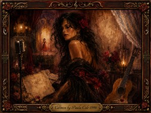 A mysterious dark-haired woman draped in black lace sits within a candlelit, romantic interior, surrounded by crimson roses, a vintage microphone, parchment, and an acoustic guitar. Warm amber, burgundy, and gold tones create a sensual, melancholic mood. Rich painterly textures and dramatic shadows are enclosed by an ornate musical rosewood-and-gold frame.