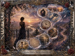 A solitary woman in a dark flowing dress overlooks a glowing river valley at sunrise as translucent memory bubbles curve through the scene in an elegant S shape. Warm amber, rose, violet, and blue tones create a nostalgic mood. Ornate musical framing, roses, piano keys, vinyl records, feathers, and a vintage clock enrich the painterly composition.