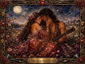 A moonlit bohemian couple embraces in a lush wildflower meadow, surrounded by roses, drifting petals, and soft golden firefly light. Rich burgundy, rose, midnight blue, and antique gold tones create a sensual, dreamlike mood. Textured oil-paint styling, musical ornamentation, vinyl records, guitar details, and an engraved title plate frame the intimate scene.