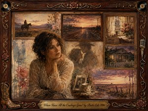 A contemplative woman rests beside faded photographs and a teacup, surrounded by nostalgic Western memories of cowboys, empty roads, prairie sunsets, and a quiet farmhouse. Warm sepia, rose, and amber tones glow softly through painterly textures. An ornate rosewood frame with gold musical details and engraved title plate reinforces the wistful, reflective mood.