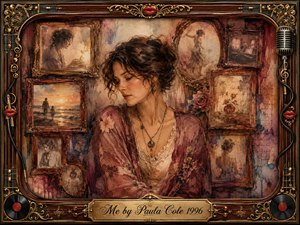 A contemplative woman in a burgundy robe sits amid faded portraits and nostalgic memories, creating an intimate, reflective atmosphere. Warm sepia, rose, and amber tones glow through soft painterly light. Textured oil-and-watercolor effects enrich the scene, while ornate rosewood, gold filigree, records, strings, microphones, and red lips frame the composition.
