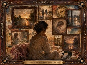 A contemplative woman sits amid a nostalgic collage of rosewood-framed memories, including rain-streaked windows, empty roads, flowers, clocks, and distant figures. Warm amber, sepia, rust, and muted blue tones create a wistful mood. Painterly oil, acrylic, and watercolor textures blend softly beneath ornate musical framing and a polished title plate.
