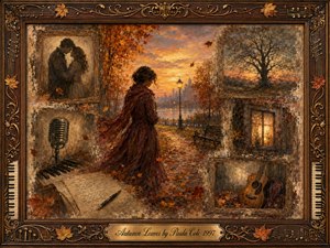 A solitary woman in a flowing burgundy dress walks through an autumn park at sunset, surrounded by fading framed memories of love, music, and home. Warm amber, rust, and sepia tones create a wistful, nostalgic mood. Painterly textures, fallen leaves, soft city light, and ornate musical framing deepen the sense of remembrance.