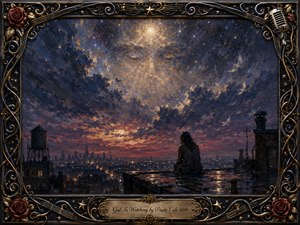 A solitary figure sits on a rain-darkened rooftop overlooking a glowing city beneath a vast, turbulent night sky. Golden celestial light breaks through deep blue and crimson clouds as birds circle overhead. Rich oil-paint textures create a reflective, spiritual mood, framed by ornate black-and-gold metalwork, roses, strings, stars, and microphones.