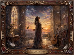 A solitary woman stands in a candlelit chapel, arms open beneath a glowing sunset sky, suggesting prayer, release, and renewal. Warm gold, amber, rose, violet, and smoky blue tones blend through painterly textures. Floating feathers, an acoustic guitar, microphone, scattered music, roses, and ornate musical framing create a soulful, reverent atmosphere.