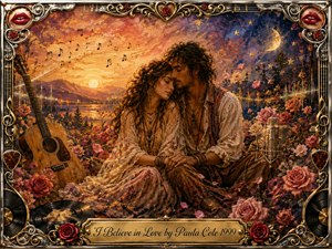 A bohemian couple rests tenderly together in a rose-filled sunset garden, surrounded by an acoustic guitar, vintage microphone, drifting petals, musical notes, and glowing sound waves. Warm gold, crimson, mauve, and indigo tones create an intimate, hopeful mood, while textured mixed-media brushwork and an ornate metallic frame add nostalgic romance.
