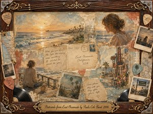 A nostalgic coastal collage captures East Oceanside at sunset, where a solitary woman overlooks rolling Pacific waves beneath warm golden light. Weathered postcards, maps, Polaroids, guitar picks, vinyl records, and handwritten notes surround the scene. Soft blues, sandy creams, and amber tones blend through painterly textures within an ornate rosewood frame.