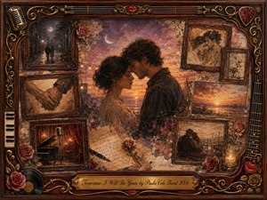A tender couple leans together beneath a glowing twilight sky, surrounded by faded romantic memories in vintage frames. Warm rosewood, antique gold, sepia, crimson, and mauve create a nostalgic mood. Soft painterly lighting, roses, handwritten notes, piano keys, guitar strings, vinyl, and ornate musical details enrich the dreamy mixed-media collage.