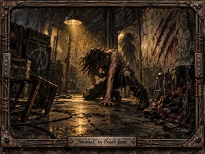 A feral, exhausted figure crouches on the floor of a decaying rehearsal room, surrounded by battered amplifiers, cables, stools, and scarred walls. Harsh amber light cuts through smoky darkness, illuminating wet concrete and torn clothing. Rich grunge textures, rusted metal, deep browns, blacks, and crimson scratches create a tense, visceral atmosphere.