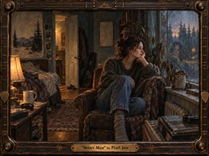 A solitary woman curls into a worn armchair beside a rain-streaked window, surrounded by a dim, lived-in room of rumpled bedding, books, a wilted plant, and warm lamplight. Cool blue-gray rain contrasts with amber interiors, while painterly oil-and-charcoal textures, layered shadows, and her faint reflection create a mood of quiet longing and resignation.