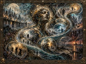 A monumental, dreamlike figure rises from a fractured, storm-lit world as a glowing S-curve of mist and memory winds through floating spheres of cities, crowds, waves, and ruin. Deep teal, bronze, charcoal, and amber tones create a tense, prophetic mood, while the ornate metallic frame and engraved title plate heighten its handcrafted, visionary grandeur.