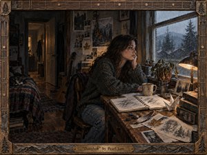 A pensive young woman sits at a cluttered wooden desk beside a rain-streaked window, gazing into a gray, misty landscape. Warm lamplight glows against cool blue shadows, shaping a moody, intimate room filled with sketches, books, a wilted plant, and a guitar, all rendered in richly textured, handcrafted painterly detail.