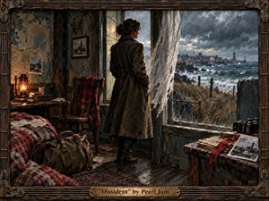 A solitary woman stands in a weathered coastal room, gazing toward a storm-lashed harbor and distant lighthouse. Muted browns, slate blues, and rust reds deepen the tense, reflective mood. Lantern light contrasts with cold daylight, while torn curtains, scattered papers, photographs, and worn furnishings create a richly textured painterly atmosphere.