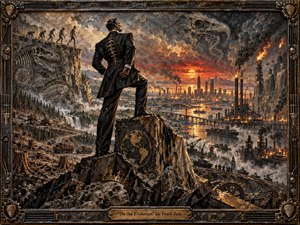 A commanding figure stands atop shattered machinery overlooking an industrial wasteland where forests, fossils, factories, war, and urban expansion converge beneath a fiery sunset. Burnished bronze, charcoal black, and ember orange dominate the dramatic oil-painted scene, framed by ornate mechanical metalwork, evoking ruthless progress, arrogance, destruction, and unstoppable evolutionary momentum.