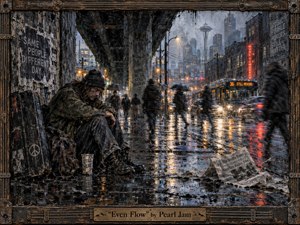 A weary man sits beneath a rain-soaked urban overpass, isolated from blurred pedestrians and glowing traffic rushing through a cold Seattle night. Deep blues, black asphalt, amber streetlights, and red reflections create a tense, melancholy atmosphere. Thick painterly textures, weathered surfaces, and the rugged instrument-inspired frame reinforce the raw grunge-era mood.