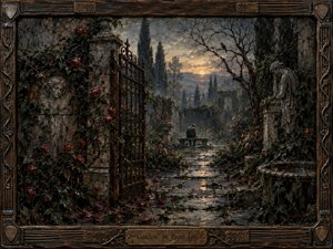 A solitary figure sits deep within a decaying moonlit garden, framed by rusted iron gates, weathered statues, tangled ivy, and dark red roses. Muted charcoal, bronze, and mossy tones create a somber, introspective mood, while soft golden light breaks through the cloudy sky in a richly textured, painterly scene.