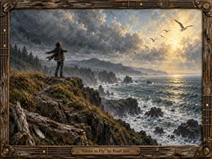A solitary figure stands on a rugged coastal cliff, arms open to wind and sea beneath storm clouds breaking into golden light. Slate blues, charcoal grays, sea greens, and warm amber create a mood of resilience and release. Textured oil-and-encaustic surfaces, soaring birds, driftwood, waves, and a weathered musical frame enrich the scene.