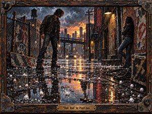 A tense pair stands apart in a hail-soaked industrial alley at sunset, surrounded by wet brick, chain-link fencing, cables, and battered metal. Fiery amber light reflects across black puddles beneath stormy blue-gray skies, while thick painterly textures and a distressed wood-and-metal frame create a gritty, handcrafted 1990s atmosphere.