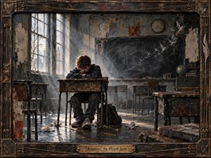 A solitary teenage boy slumps at a battered desk in a decaying classroom, surrounded by empty chairs, torn paper, and a scarred chalkboard. Cold window light cuts through dust and shadow, creating a tense, isolated mood. Muted browns, charcoal, and gray-blue tones resemble richly textured mixed-media painting within a weathered musical frame.