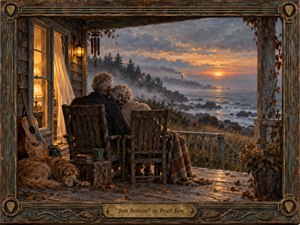 An elderly couple sits close together on a weathered seaside porch, watching a misty sunset over rocky water and a distant lighthouse. Warm amber lamplight contrasts with cool blue-gray clouds and ocean haze. Painterly textures, rustic wood, an acoustic guitar, sleeping dog, autumn leaves, and an ornate musical frame create tender, reflective intimacy.