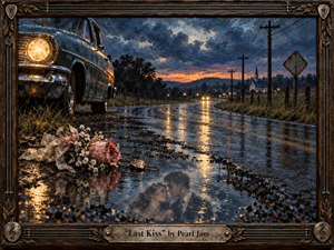 A rain-soaked country road curves toward a distant church beneath a stormy blue-orange dusk, while an abandoned vintage car, wilted roses, and a heart-shaped locket evoke loss and memory. Thick, textured oil-like brushwork, glowing reflections, telephone poles, and a weathered musical frame create a mournful, cinematic atmosphere.