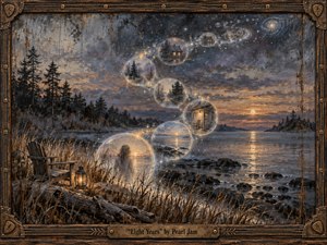 A weathered lakeside at twilight becomes a pathway through memory, with glowing translucent orbs rising in an S-curve from an empty chair and lantern toward a star-filled sky. Muted blues, smoky grays, and warm amber light create a mournful, reflective mood, rendered in richly textured encaustic and oil-paint detail.