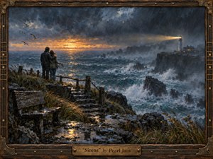 A couple embraces on a rain-soaked coastal cliff, facing a turbulent sea beneath brooding storm clouds and a glowing amber horizon. A distant lighthouse casts a warm beam through mist and spray. Rich blue-gray tones, wet reflections, rugged grasses, and textured oil-like brushwork create a cinematic, intimate mood of love, uncertainty, and endurance.