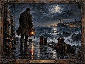 A solitary figure stands on a rain-soaked harbor pier, holding a glowing lantern and red rose against a turbulent midnight sea. Moonlight breaks through storm clouds toward a distant lighthouse and coastal town. Deep blues, blackened wood, rusted metal, and amber reflections create a rugged, romantic oil-painted atmosphere framed with weathered musical details.