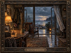 A weathered coastal cabin opens onto a stormy ocean at dusk, where an empty wooden chair suggests absence and longing. Warm amber lamplight contrasts with cool blue-gray waves, rain-streaked glass, and wet reflective floorboards. Rich mixed-media textures, rustic objects, drifting curtains, and an engraved frame create a handcrafted, melancholic atmosphere.