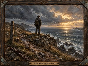 A solitary traveler stands on rugged coastal cliffs above a restless sea, facing a luminous break in storm clouds. Cool slate blues, charcoal, earth tones, and warm gold create a reflective, resilient mood. Painterly oil-and-graphite textures, weathered wood framing, rusted metal, seabirds, and a broken chain enrich the scene.