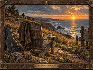A weathered chair overlooking a rugged coast becomes a quiet memorial beneath a glowing sunset. Warm amber light meets slate-blue sea and clouds, while a draped jacket, work gloves, guitar case, distant figure, dog, and cottage suggest memory and legacy. Rich oil-paint textures and an aged musical frame deepen the reflective mood.