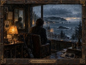 A solitary figure sits before a rain-streaked coastal window, gazing toward a storm-darkened sea and distant lights. Warm amber lamplight contrasts with cold blue-gray fog, weathered wood, and reflective glass. Rendered like textured oil and encaustic, the scene feels introspective, uneasy, and haunted, framed with worn musical hardware.