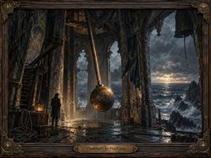 A solitary figure stands inside a ruined seaside tower as a massive bronze pendulum hangs above a wet, reflective floor, facing a storm-dark ocean and pale horizon light. Rendered like a richly textured oil painting, the scene feels solemn and timeless, with weathered stone, lantern glow, tattered banners, and an ornate antique frame.
