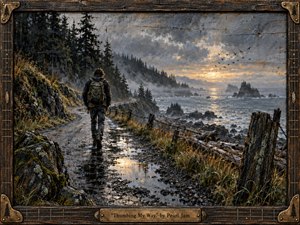 A lone traveler walks along a rain-soaked coastal road, framed by dark evergreens, rugged rocks, and a misty ocean. The mood is reflective and quietly hopeful, with slate blues, moss greens, and muted amber light. Painterly oil-and-charcoal textures, shimmering puddles, distant birds, sea stacks, and a weathered guitar-inspired frame deepen the handcrafted atmosphere.