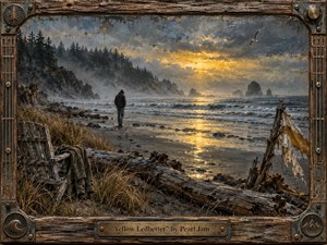 A lone figure walks a misty shoreline beneath a storm-swept golden sky, framed by rugged cliffs, sea stacks, and reflective surf. Rendered in richly textured oil-and-encaustic style, the scene feels wistful and contemplative, with weathered driftwood, a battered chair, tattered fabric, and a handcrafted rustic frame deepening its melancholy coastal atmosphere.
