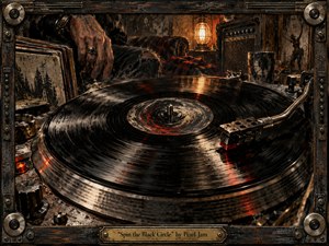 A spinning black vinyl record dominates a gritty, intimate listening room, its glossy grooves catching streaks of amber and crimson light. A weathered hand hovers nearby amid worn sleeves, amplifier hardware, and shadowy clutter. Rich painterly textures, distressed metal, dark wood, dust, and scratches create an intense, nostalgic grunge atmosphere.