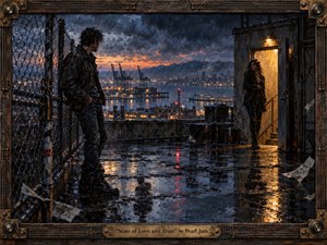 On a rain-soaked industrial rooftop overlooking Seattles glowing harbor, two solitary figures face each other across reflective pavement, charged with uncertainty and restrained emotion. Deep blues, charcoal blacks, and amber doorway light create cinematic tension, while expressive painterly textures, wet metal, chain-link fencing, and a weathered instrument-inspired frame reinforce the raw grunge-era atmosphere.