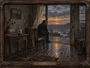 A solitary man sits in a weathered seaside room, facing an open doorway and a fading sunset over restless water. Muted browns, stormy blues, and amber light create a mournful, reflective mood. Textured painterly surfaces, worn furniture, old photographs, crashing waves, and a handcrafted metal-and-wood frame deepen the sense of finality.