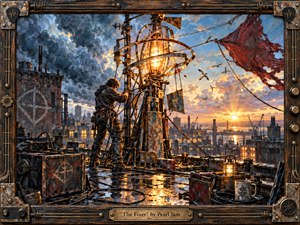 A lone mechanic repairs a glowing rooftop beacon above a weathered industrial city at dawn, symbolizing persistence and renewal. Storm-dark clouds break into warm gold and blue light across reflective metal surfaces. Rich painterly textures, rusted machinery, cables, tools, and a handcrafted instrument-inspired frame create an energetic, hopeful atmosphere.