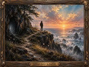 A solitary figure stands on a rugged cliff path above a restless ocean, facing a radiant sunset that breaks through dramatic clouds. Warm gold, amber, blue, and charcoal tones create a mood of reflection and possibility. Textured painterly surfaces, glowing rock fissures, windswept grasses, seabirds, and a weathered musical frame enrich the scene.
