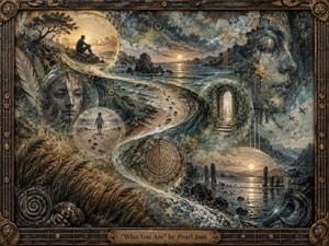 A weathered coastal dreamscape unfolds along a flowing S-curve, linking solitary figures, carved faces, ancient doorways, tree rings, and reflective sea pools. Muted blue-gray, bronze, and earthen tones glow beneath soft sunset light. Layered textures, cracked surfaces, drifting birds, and handcrafted framing create a contemplative mood of identity, memory, and change.